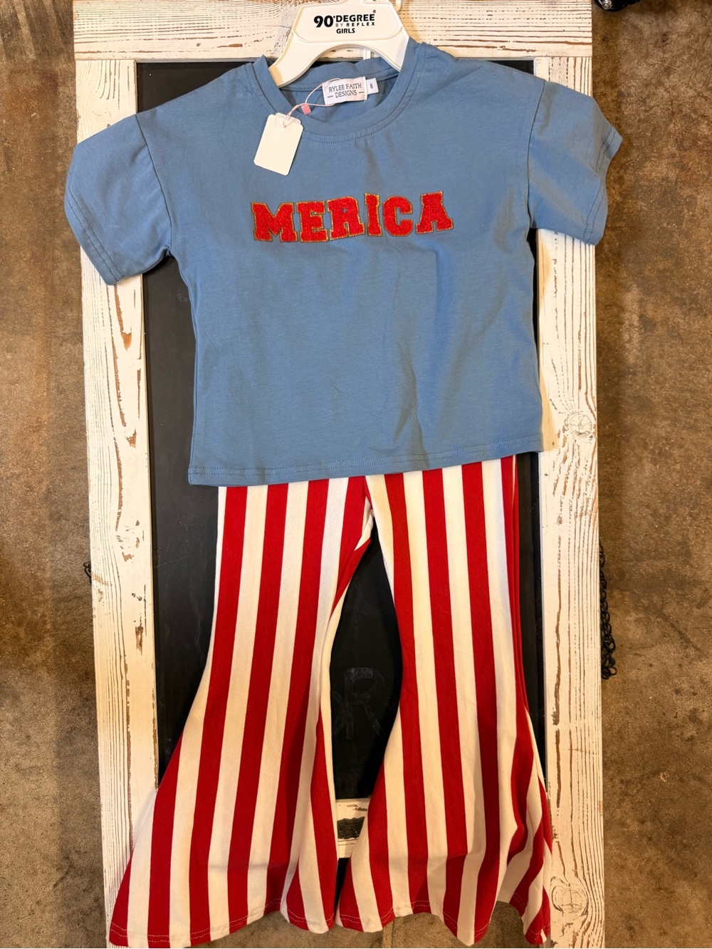 Blue 'MERICA' Tee with Red & White Striped Flared Pants